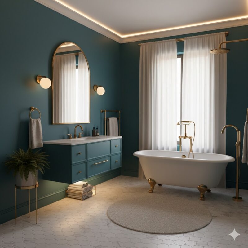 Bathroom with deep teal walls