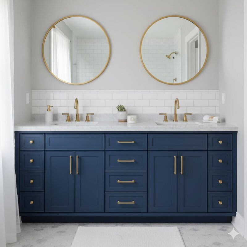 Navy bathroom vanity with gold hardware