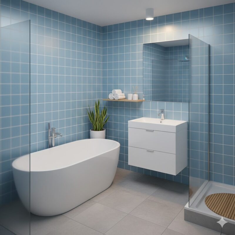 Soft sky blue bathroom tiles