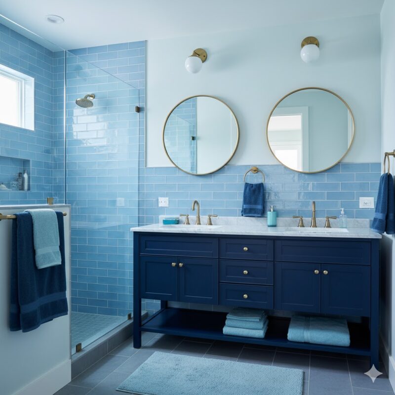 Bathroom with layered blue tones
