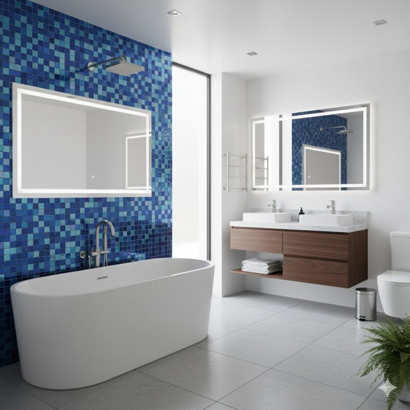 Blue mosaic accent wall in bathroom