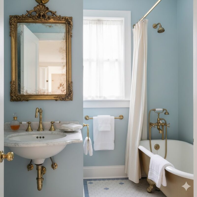 Powder blue bathroom with brass accents