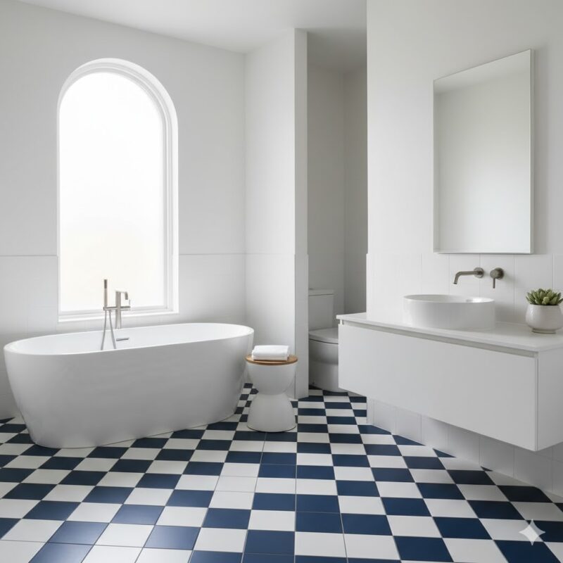 Navy and white geometric bathroom tiles