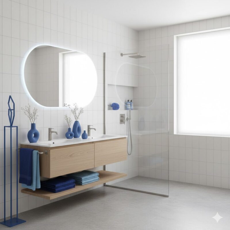 White bathroom with blue accents