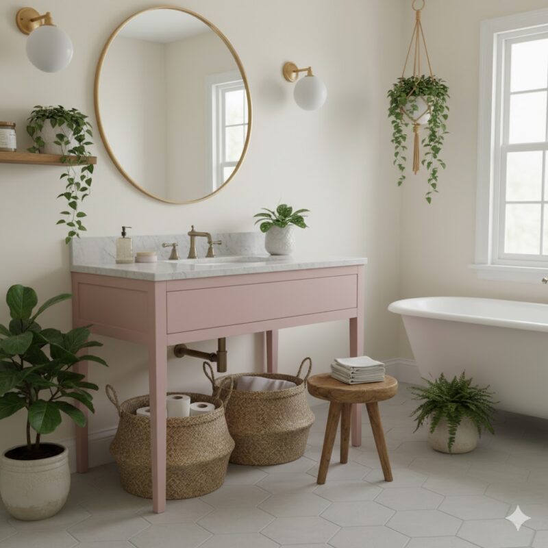 Pink bathroom with natural textures