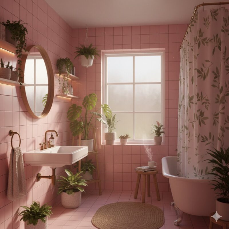 Green plants in pink bathroom