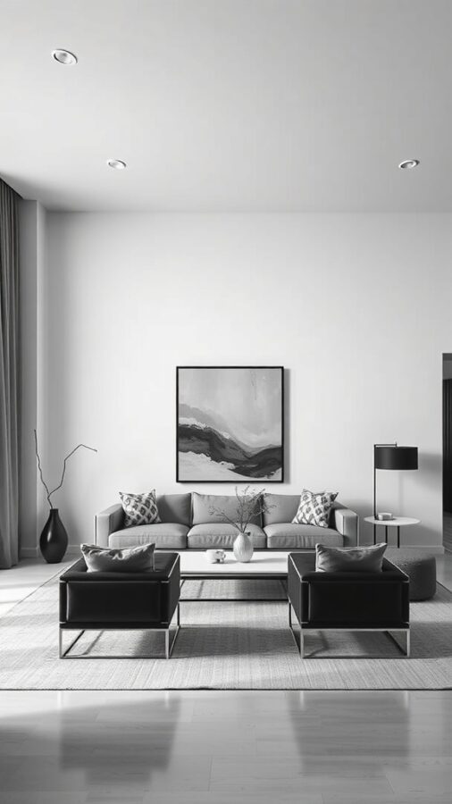 Sophisticated Contemporary Living Room Modern living room with gray sofa, black chairs, and abstract art