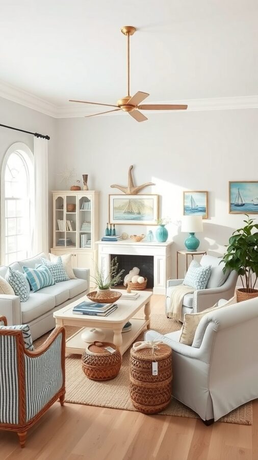 Coastal Inspired Living Room Coastal living room with soft blue and white hues and nautical decor