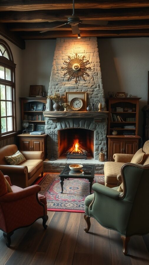 Rustic Living Room with Vintage Accents Rustic living room with stone fireplace and vintage furniture