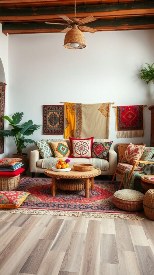Eclectic Bohemian Living Room Eclectic bohemian living room with colorful cushions and natural materials