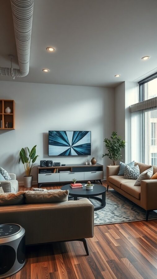 Urban Chic Living Room with Smart Technology Urban living room with modern furniture, mounted TV, and plants