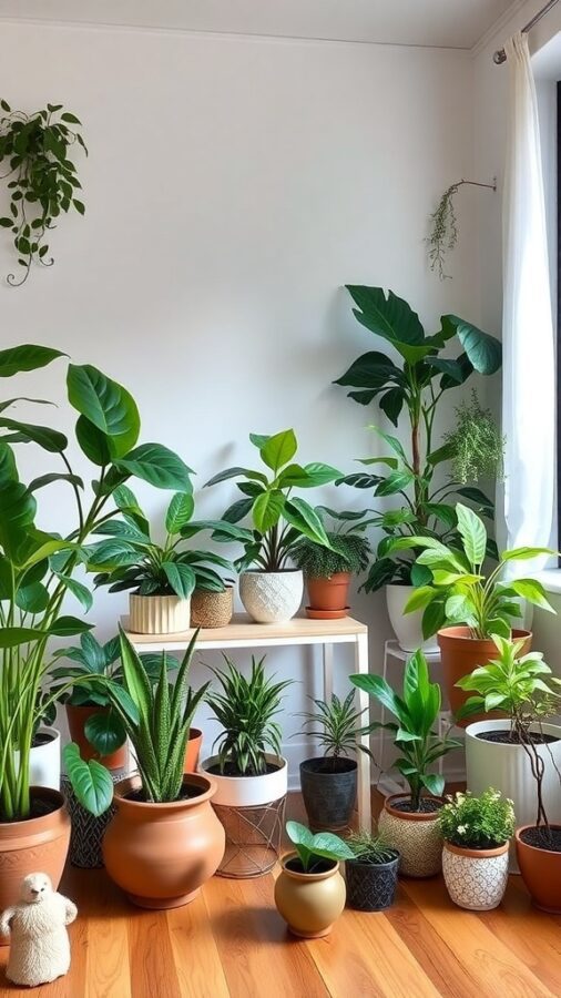 Various indoor plants in decorative pots arranged in a living room
