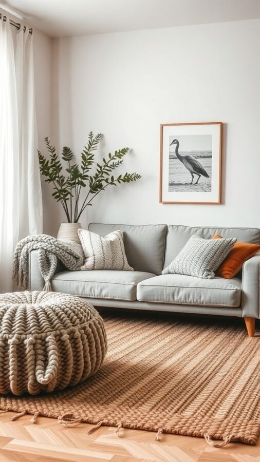 Neutral sofa with textured cushions, knitted pouf, and woven rug with plants