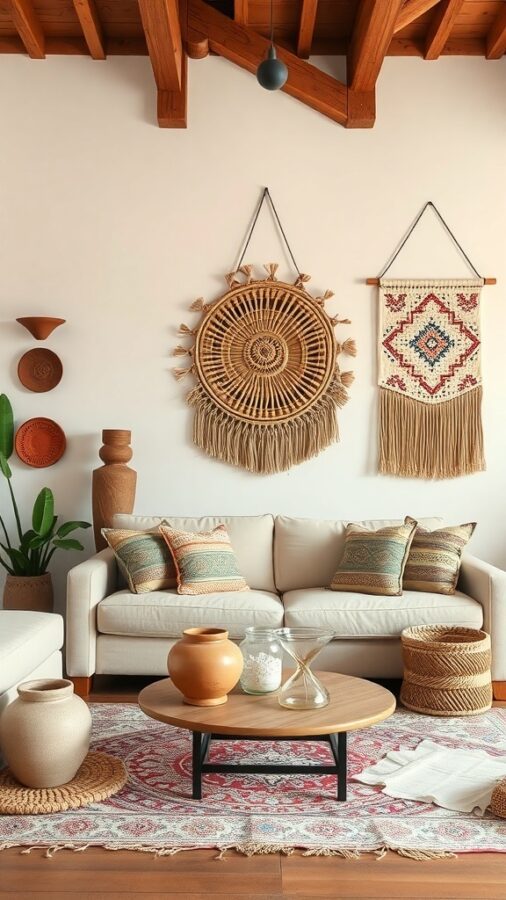 Living room with artisan wall hangings, handcrafted pottery, and wooden furniture