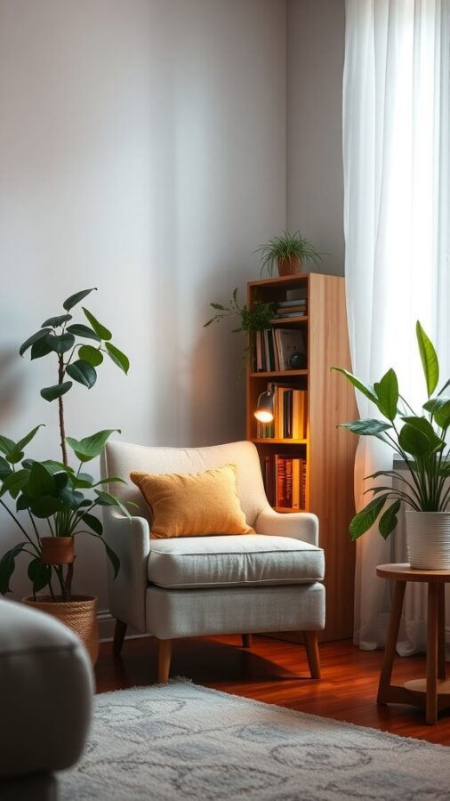Cozy reading nook with soft chair, plants, and bookshelf