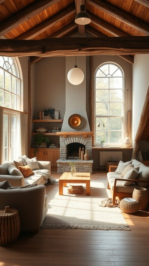 Living room with exposed wooden beams, natural wood furniture, and stone fireplace