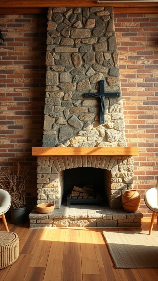 Stone fireplace with wooden mantel and brick walls in a cozy living room