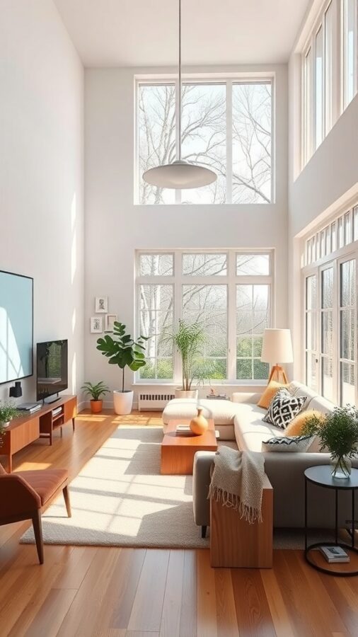 Bright living room with large windows and earthy decor