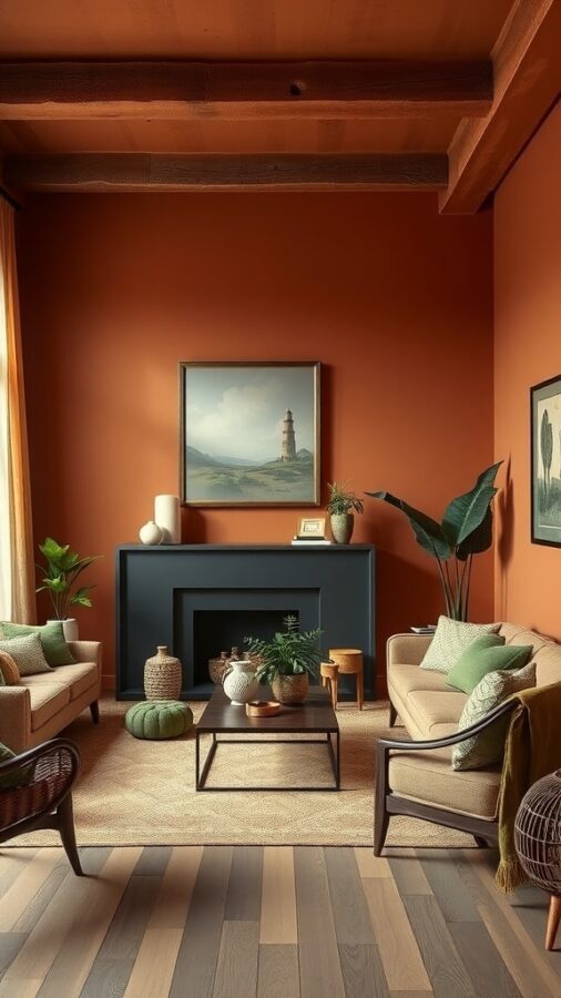 Living room with terracotta walls, green accents, and natural wood furniture