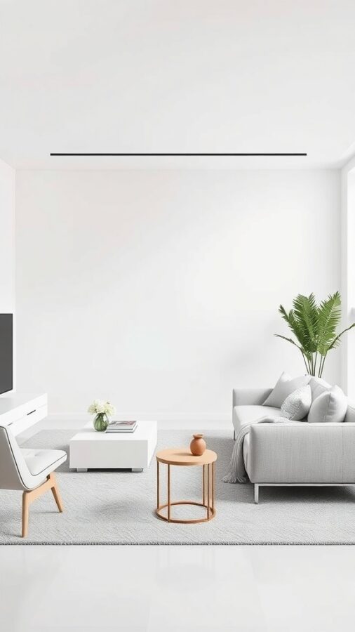 10 Inspiring Neutral Living Room Ideas to Refresh Your Space 3 A minimalist living room featuring a gray sofa, white coffee table, and light wood accents.