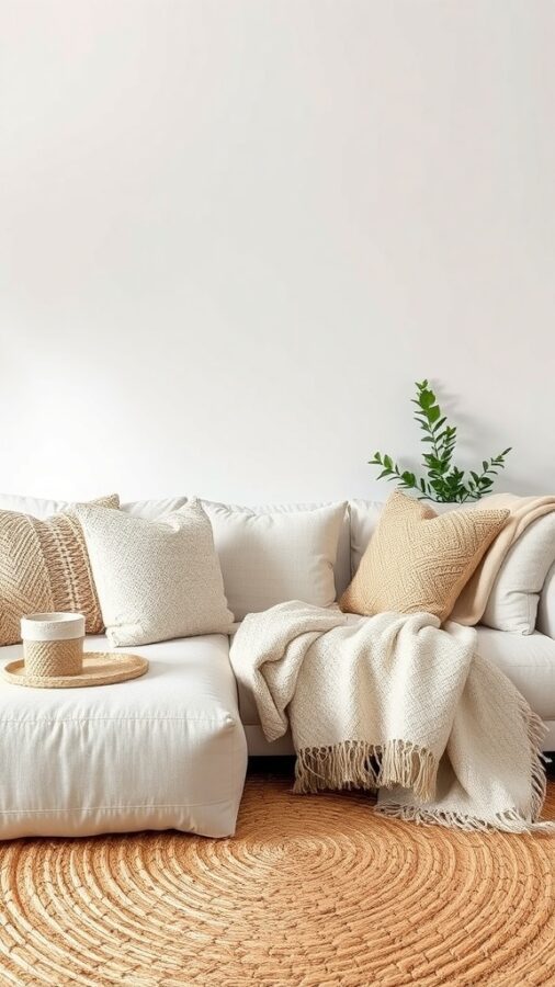 10 Inspiring Neutral Living Room Ideas to Refresh Your Space 4 Cozy living room with layered textures, featuring a white sofa with pillows, a throw blanket, and a round jute rug.