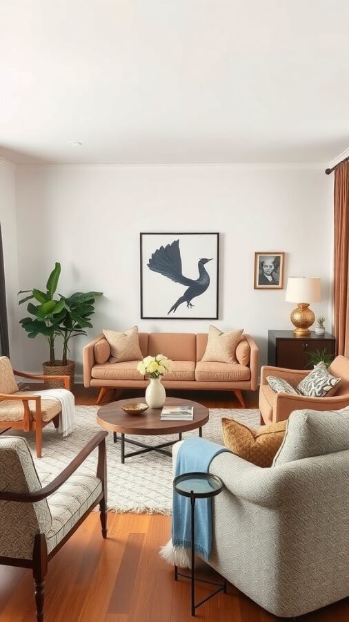 10 Inspiring Neutral Living Room Ideas to Refresh Your Space 2 A cozy living room featuring a mix of vintage and modern furniture, with warm tones and contemporary artwork.