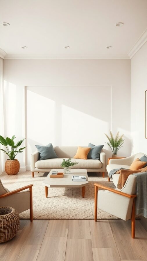 10 Inspiring Neutral Living Room Ideas to Refresh Your Space 5 A neutral living room with earthy color palettes featuring light beige walls, a soft sofa with blue and orange cushions, wooden furniture, and plants.