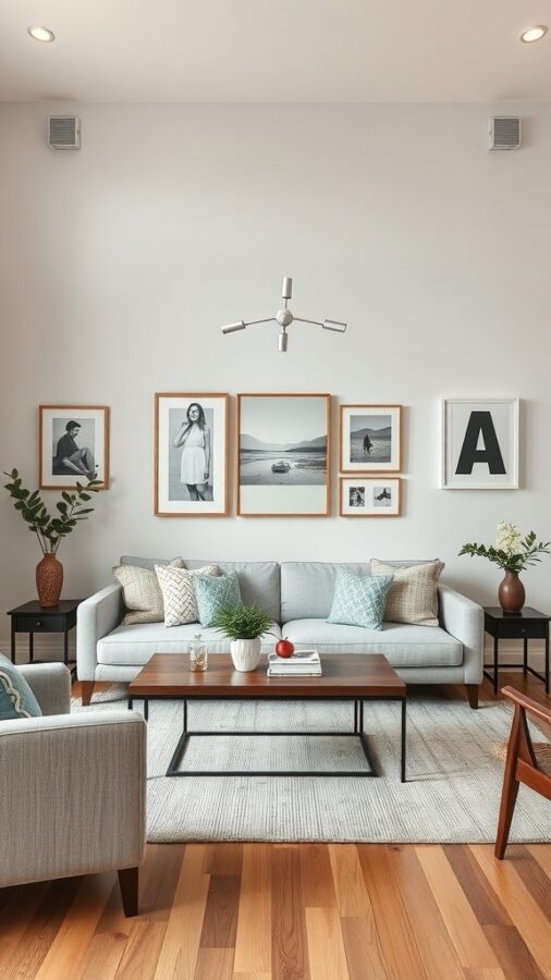 10 Inspiring Neutral Living Room Ideas to Refresh Your Space 9 Neutral living room with gray sofa, wooden coffee table, and framed artwork on the wall.