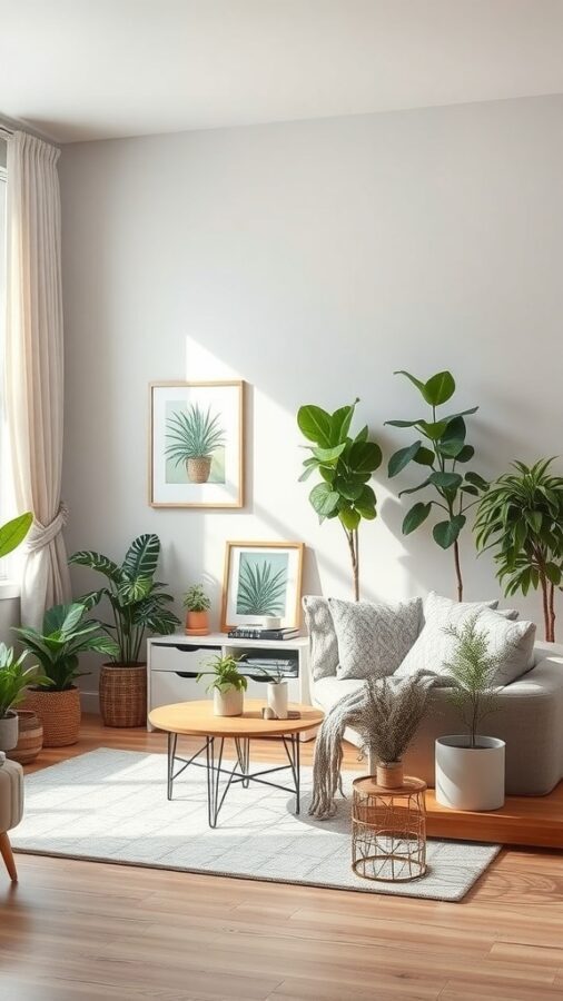 10 Inspiring Neutral Living Room Ideas to Refresh Your Space 8 A bright and cozy living room featuring various indoor plants, a comfortable sofa, and a coffee table.