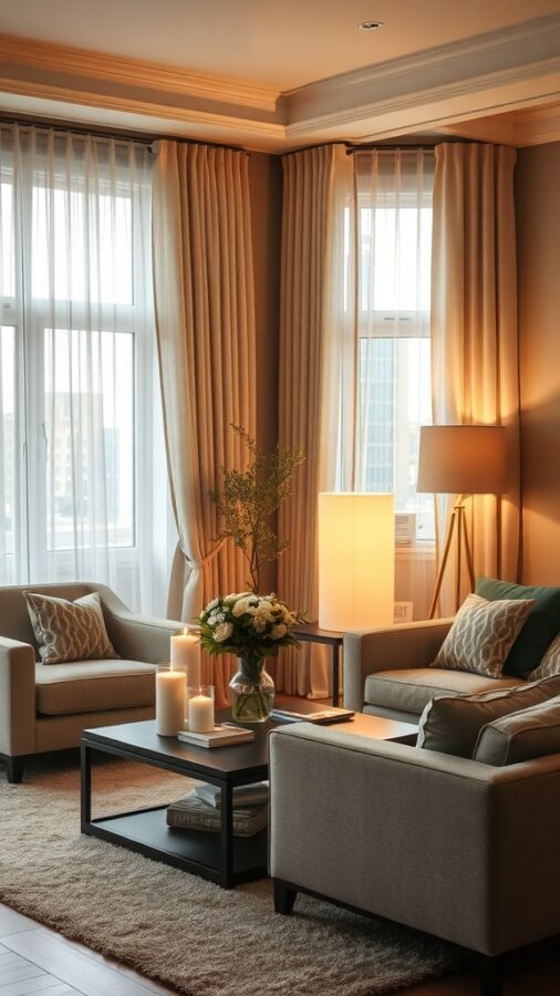 10 Inspiring Neutral Living Room Ideas to Refresh Your Space 6 A cozy living room with soft lighting, featuring sheer curtains, candles, and warm-toned furniture.