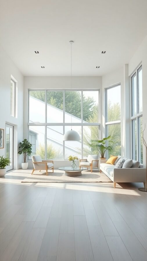 10 Inspiring Neutral Living Room Ideas to Refresh Your Space 7 Bright and airy living room with large windows, minimalist furniture, and plants.
