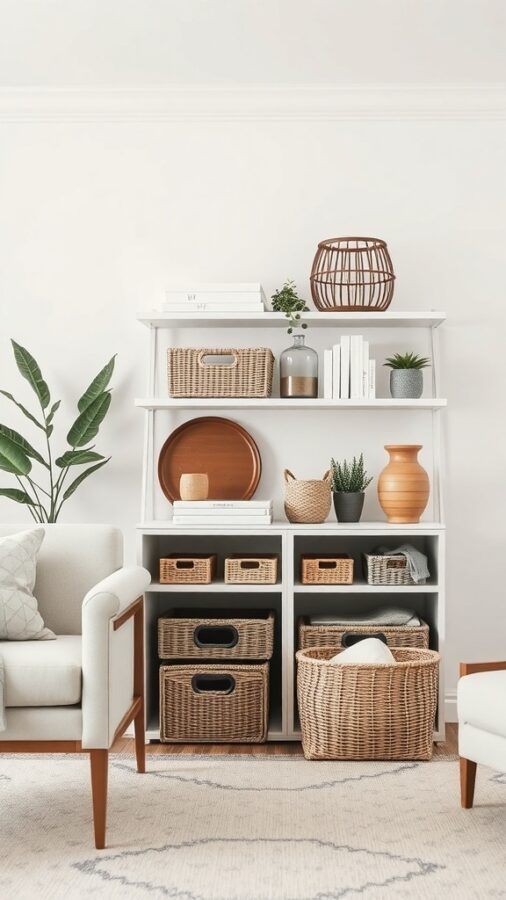 10 Inspiring Neutral Living Room Ideas to Refresh Your Space 10 A stylish neutral living room with a white shelving unit displaying books, decorative items, and woven baskets.