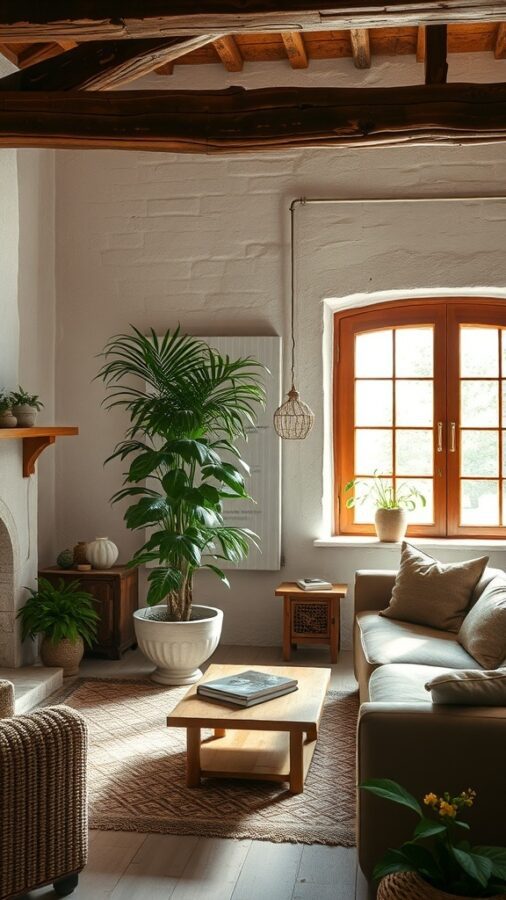 A warm rustic living room filled with various indoor plants, featuring a cozy couch and natural light.