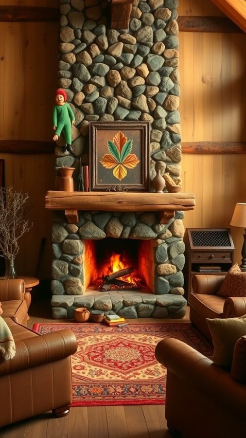 A cozy rustic living room featuring a stone fireplace, leather sofas, and warm decor.