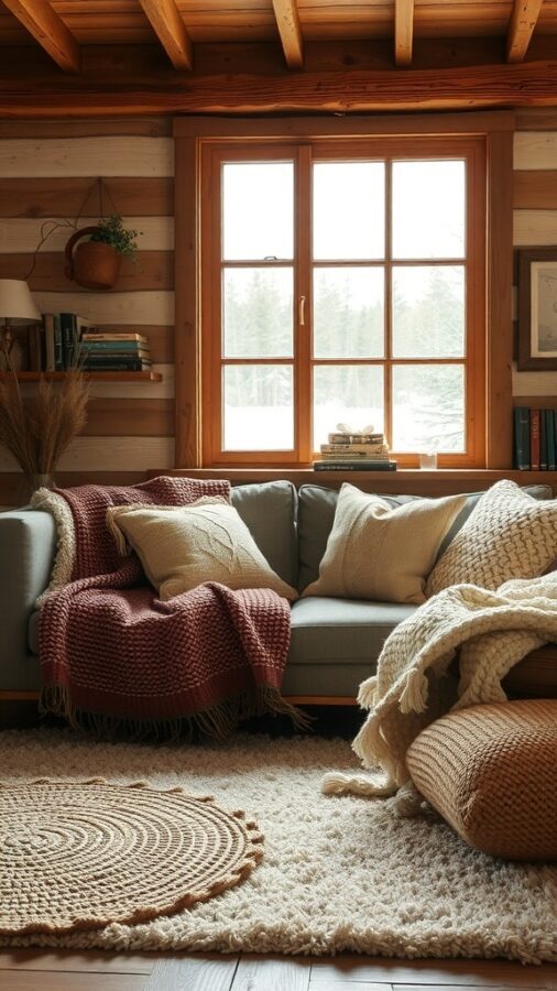 A cozy rustic living room with a sofa covered in blankets and pillows, a woven rug, and wooden accents.