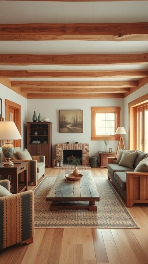 A warm rustic living room featuring natural wood accents, exposed beams, and cozy furniture.