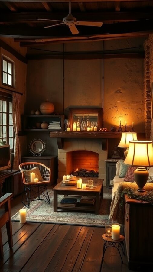 A warm rustic living room with soft lighting from lamps and candles, featuring a cozy fireplace.