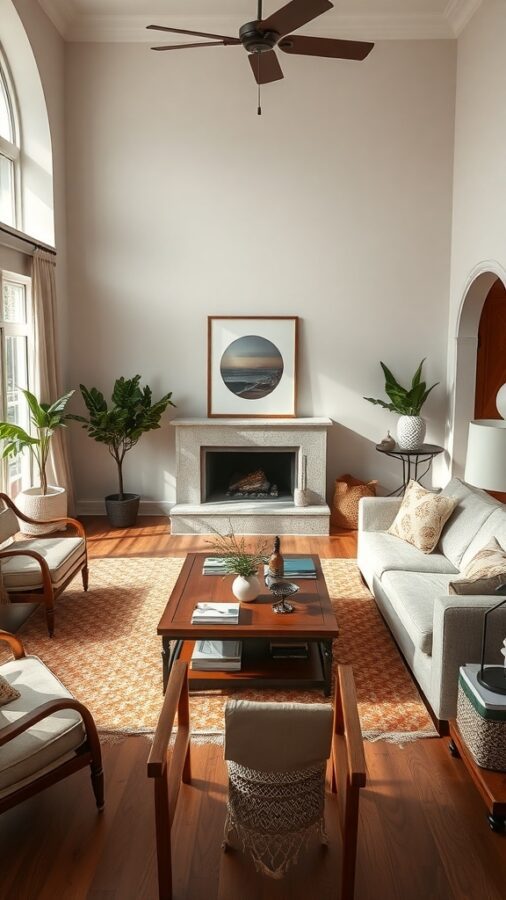A warm transitional living room featuring a cozy arrangement of furniture, including a sofa, coffee table, and plants.