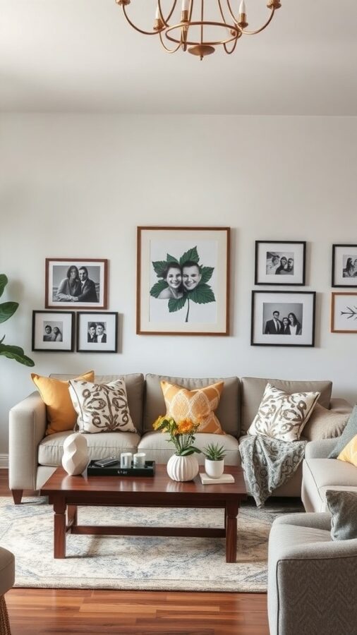 A warm transitional living room featuring framed photos, colorful pillows, and decorative accents on a coffee table.