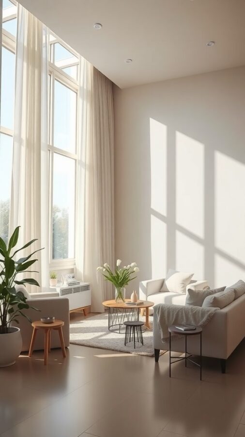 A warm transitional living room with large windows, soft curtains, and natural light illuminating the space.