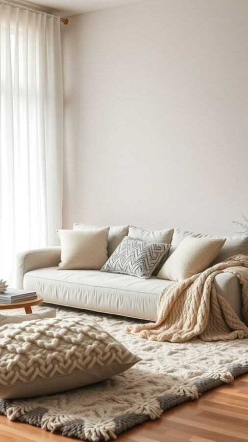 A cozy living room featuring a soft sofa with decorative pillows, a chunky knit throw, and a textured area rug.