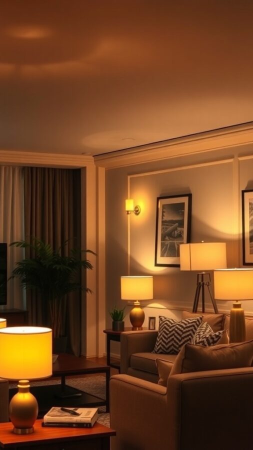 A warm transitional living room with soft lighting from table lamps and wall sconces.