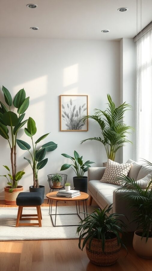 A warm transitional living room featuring various plants, a cozy sofa, and a wooden coffee table.