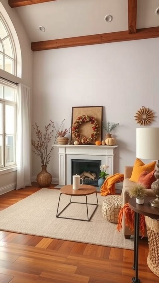 A warm transitional living room with a cozy seating area, a fireplace decorated with a wreath, and seasonal decor elements.