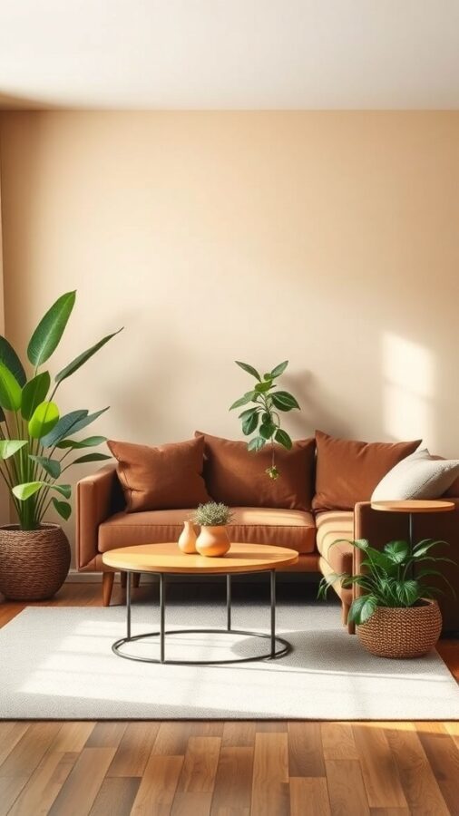 Cozy living room with warm colors and indoor plants