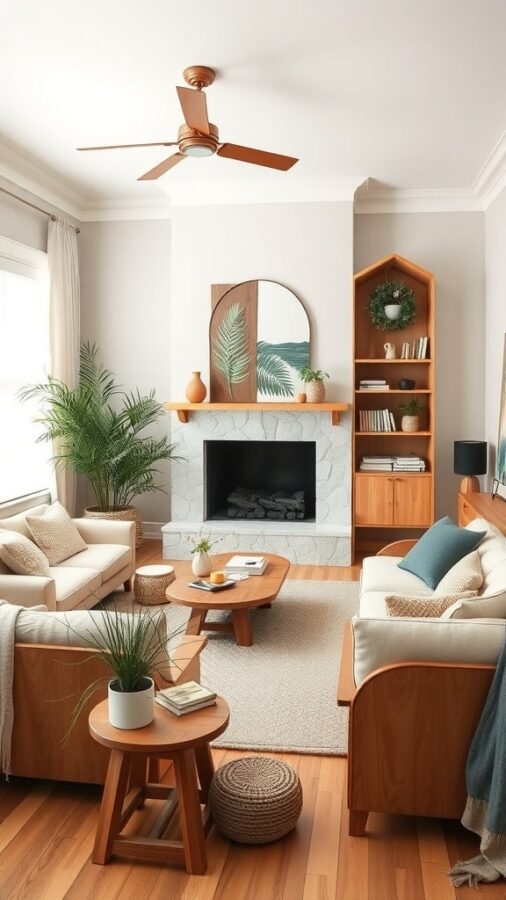 Living room featuring natural wood furniture and warm tones