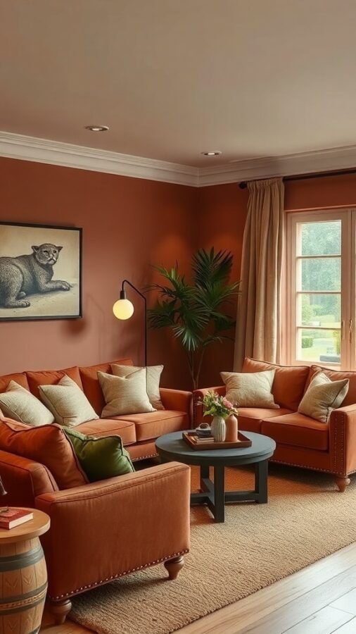 Living room with earthy tones and natural decor