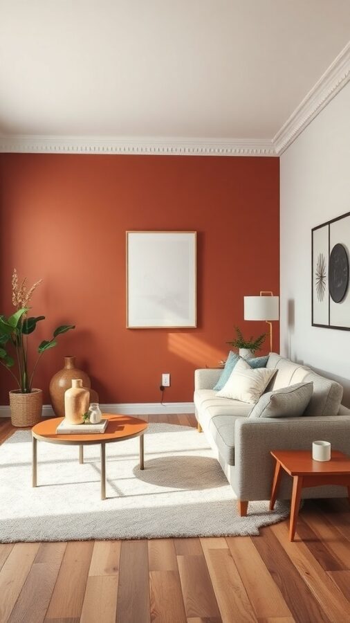 Living room with terracotta accent wall and warm decor
