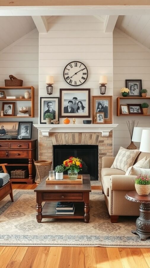 Farmhouse living room with family photos and warm accents