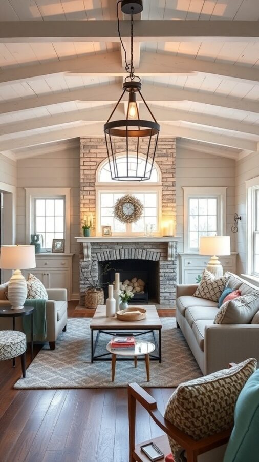 Farmhouse living room with warm lighting and rustic decor